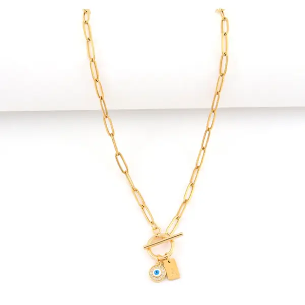 Wholesale Vintage Demon Rectangle Initial OT Buckle Pendant Gold 201 Stainless Steel Paperclip Chain Women's Necklace Demon Eye Universal Electroplated Zircon