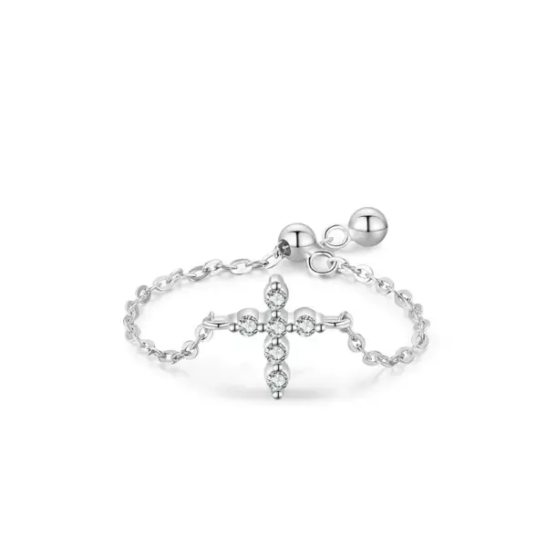 Wholesale 925 Sterling Silver Women's Cross Ring Micro Pave Diamond Adjustable Chain Design Geometric Pattern Tokyo Style Jewelry
