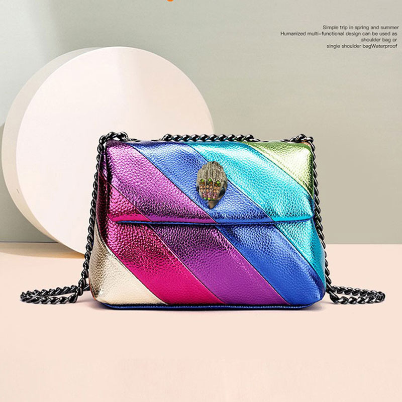 Wholesale Cross-border European and American Fashion New Women's Bag Rainbow Contrasting Color Splicing Bag Eagle Bird Head Chain Shoulder Crossbody B