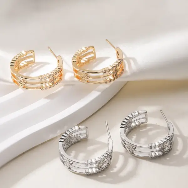 Wholesale 18K Gold Plated Copper Zircon Geometric Hoop Earrings For Women With Hollow Design, Vintage Simple Style