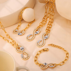 oly-6d0741a85b836f144c70769ac8a789a8 Wholesale Antique Light Luxury Personalized Shaped Chain Jewelry S-shaped Full Diamond Design Sense Snake Pendant Titanium Steel Jewelry Set