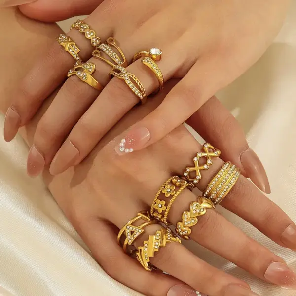 Wholesale Trillion-Cut Open Ring For Women With Bezel Setting, 18K Real Gold Plated PVD Coated 304 Stainless Steel Featuring Rhinestones