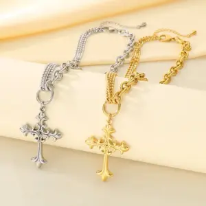 Wholesale Gothic Style Vintage Double Layered Stainless Steel Cross Bone Necklace Lobster Clasp Pendant Necklace For Women All Seasons