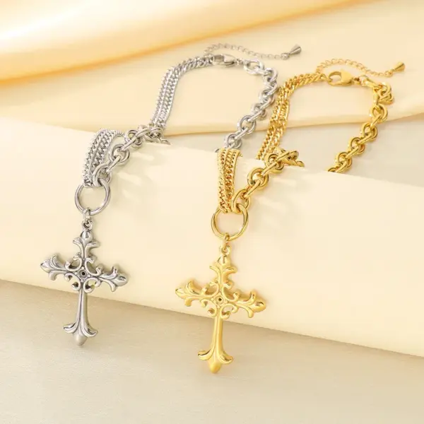 Wholesale Gothic Style Vintage Double Layered Stainless Steel Cross Bone Necklace Lobster Clasp Pendant Necklace For Women All Seasons