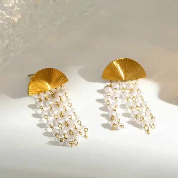 oly-6d269fd5a5a4441af82e092b4de93691 Wholesale Roman Style Sector Earrings For Independence Day, 304 Stainless Steel With 18K Real Gold Plated Coating 0.03µm Featuring Pearl Inlay