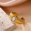 Wholesale Geometric Open Rings For Women, Waterproof Non Tarnish 304 Stainless Steel With 18K Real Gold Plated PVD Coating And Rhinestones Inlay