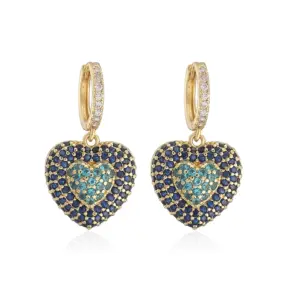 Gold Blue Diamond Heart Earrings 1Pair