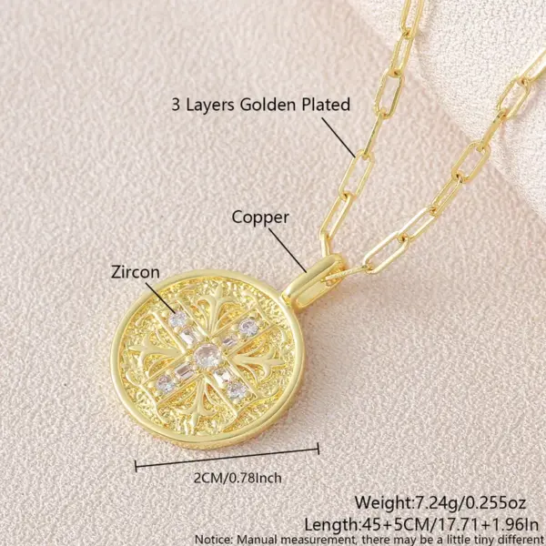 Wholesale Women's Copper Cross Pendant Necklace With 18K Gold Plated Claw Setting, Zircon Inlay, Cable Chain, 0.05-0.08µm Plating