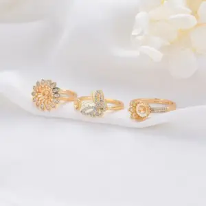 Wholesale Butterfly Open Rings For Women, Waterproof Non Tarnish Copper With 14K Real Gold Plated And Rhinestones, Electroplated Finish