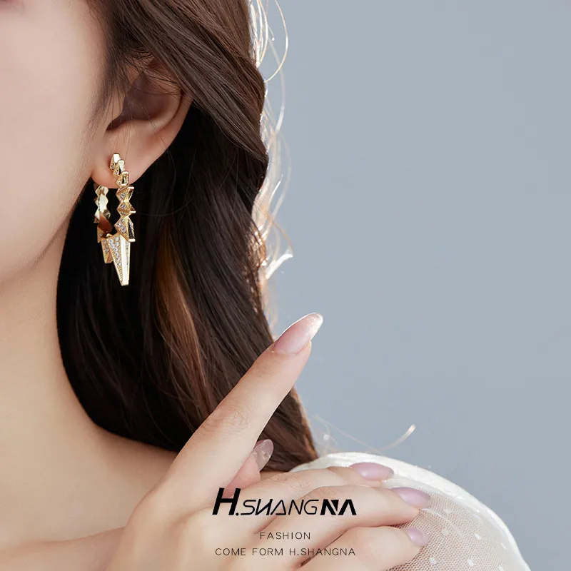 Wholesale Rhombus Earrings For Women Featuring 925 Sterling Silver Ear Pins, Copper Base With Electroplated Gold And Zircon Inlay
