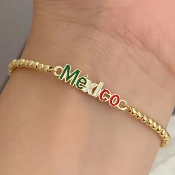 Wholesale Women’s National Flag Beaded Bracelet With Electroplated Copper And 18K Real Gold Plated Ball Chain