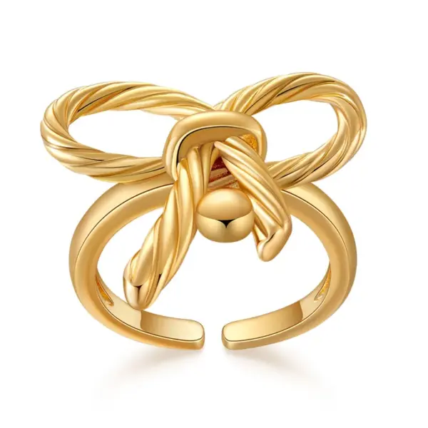 Wholesale Jewelry Lady Classic Style Shiny Bow Knot Copper Pearl Copper 18K Gold Plated Big Bow Pearl Bowknot Adjustable Ring Open Rings Rings