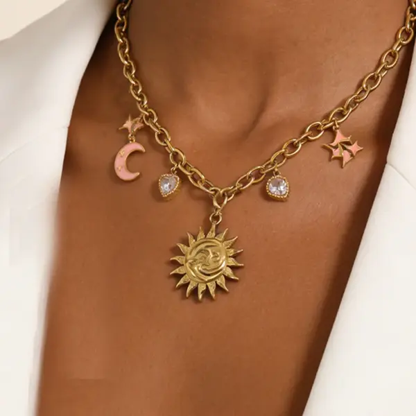Wholesale Moon Pattern Waterproof Necklace For Adults, 304 Stainless Steel With 18K Gold Plated Finish And Zircon Inlay, Woven Chain