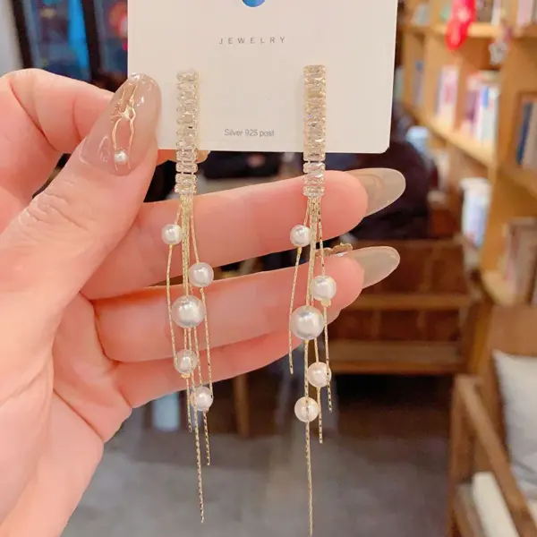 Wholesale Long Pearl Earrings Women's Silver Needle Zirconia Drop Earrings Face Slimming New Style Versatile Elegant Ear Jewelry