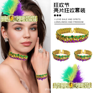 Wholesale Cross-Border Exclusive Feather Headdress Masquerade Carnival Bracelet Neck Ring Party Performance Cosplay Props