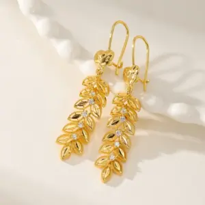 Wholesale Women’s Electroplated Grain Drop Earrings In 14K Real Gold Plated Copper With Zircon Inlay And UV Plating