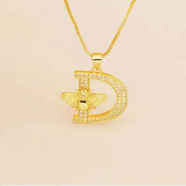 Wholesale New Fashion Classic Bee Diamond Embedded 26 English Alphabet Gold Plated Copper Link Necklace For Women Ins Style Gold Color
