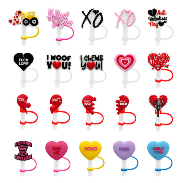 Wholesale Valentine's Day Series Suction Tube Cover Suction Cap Silicone Dust Cap Plug Cute Animation Straw Decoration Products