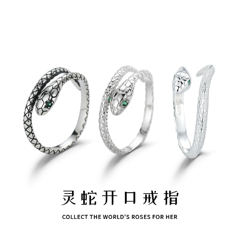 Wholesale S925 Sterling Silver Green Eye Snake Zodiac Snake Ring for Men and Women National Fashion Ethnic Style Personalized Creative All-match Open