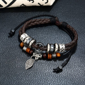 Wholesale Europe and the United States popular personality creative multi-layer woven leaf pendant lovers leather bracelet cross-border e-commerce jewelry