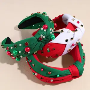 Wholesale Christmas Pearl Hairband Women's High Top Santa Claus Headwear Rhinestone Wide Edge Holiday Hair Accessory