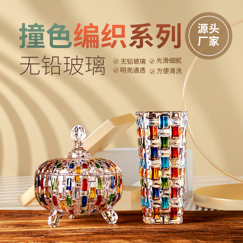 Wholesale European-style Hand-painted Color Glass Candy Jar Woven Fruit Plate Contrast Color Vase Painted Juice Glass Whiskey Wine Glass