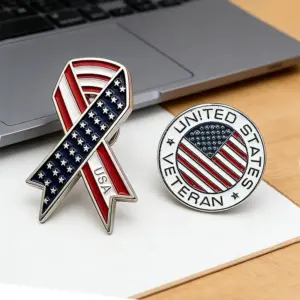 Wholesale American Flag Pin In Alloy With Ribbon Craft, Perfect Flag Brooches For Independence Day