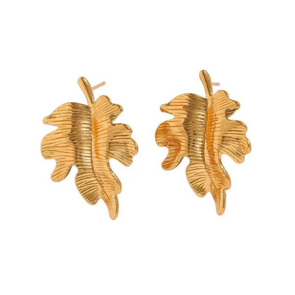 Wholesale Waterproof Non Tarnish Leaves Stud Earrings For Women In 201 Stainless Steel With Real Gold Plated PVD Coating And 0.03µm Thickness