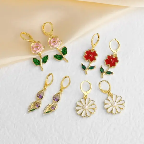 Wholesale 18K Gold Plated Copper Jewelry Oil Drop Rose Flower Zircon Pendant Earrings Ery72