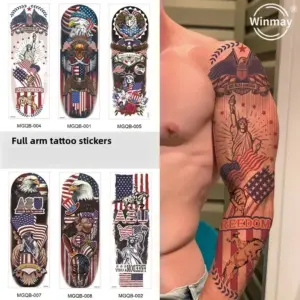 Wholesale Waterproof Full Sleeve American Independence Day Tattoo Sticker Men's Floral Arm Design Party Flag Patriotic Body Art Decal