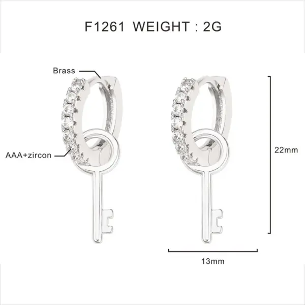 Wholesale Ins Style Simple Key Earrings Copper Inlaid Zircon Hoop Fashion Women's Earrings Daily Wear Dangling Earrings Imitation Gold Plated Universal Electroplated