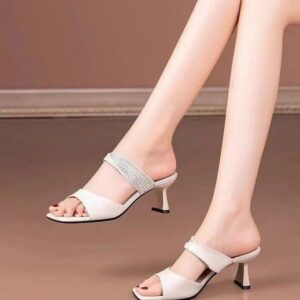 Wholesale Rhinestone Slippers Elegant Mid-high Heel Women's Outwear Sandals Women's Shoes Summer Thick Heel Fashionable Sandals All-match Slippers