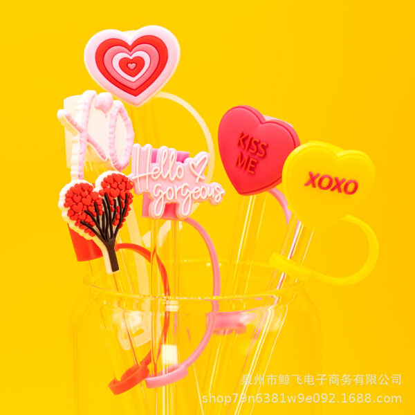 Wholesale Valentine's Day Love Silicone Straw Cap Cute Sweetheart Cartoon Straw Decorative Lid Straw Plug Straw Sleeve Straw Holder