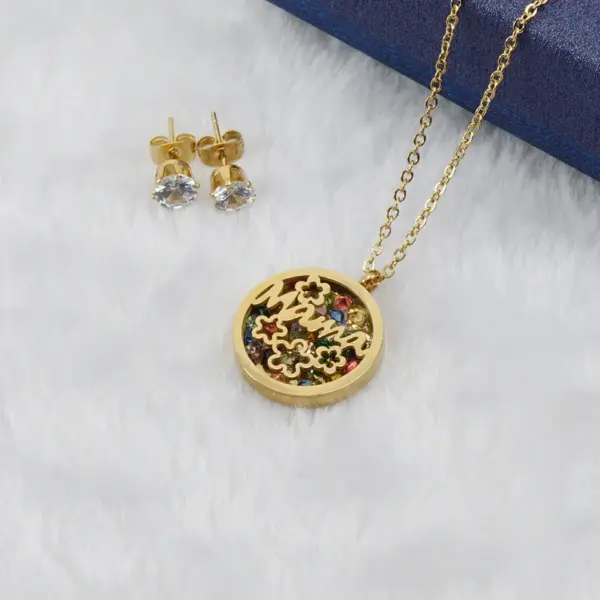 Wholesale Jewelry Fashion Round Letter Flower 304 Stainless Steel Zircon 18K Gold Plated Hollow Out Stainless Steel Jewelry Sets