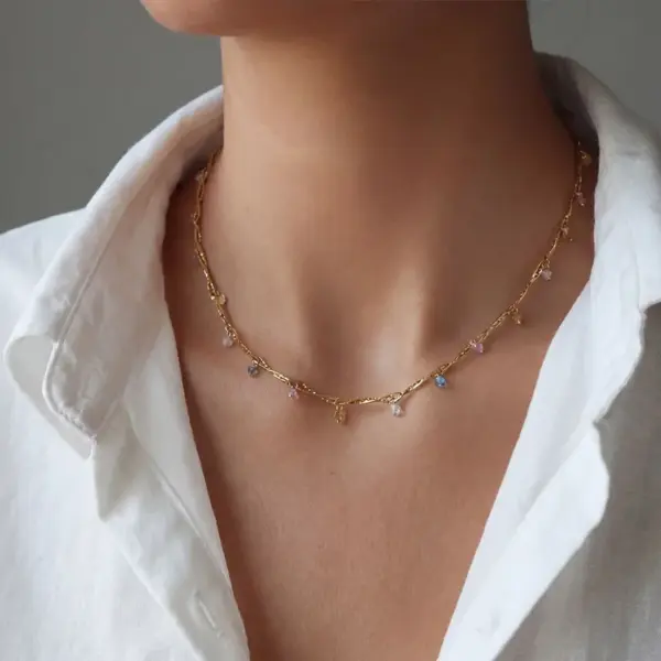 Wholesale French Line Wrapped Colorful Zircon Heart-Shaped Mixed Color 18K Gold Plated 304 Stainless Steel Vacuum Electroplated Necklace For Women Clavicle Chain Snake Chain