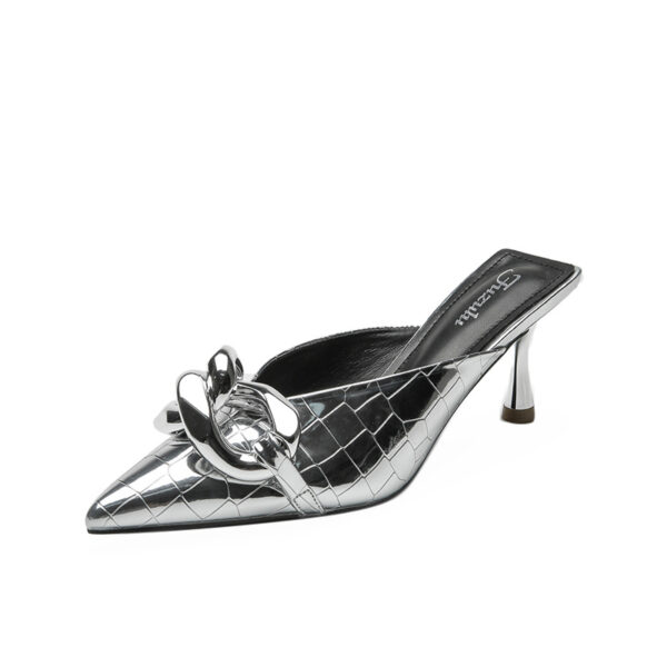 Wholesale Sandals for Women’s Outerwear Summer High Heels Style Silver Chain Pointed Toe Stone Pattern Toe Slippers