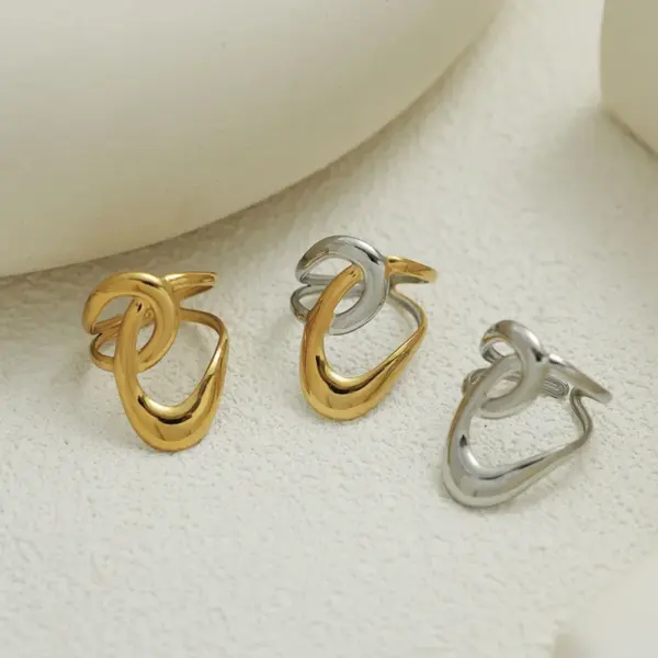 Wholesale Summer Ladies Geometric Lines Stainless Steel Ring Adjustable Size Vacuum Plated 18K Gold Elegant French Style Jewelry Accessory