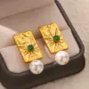 Wholesale Elegant Pearl Imitation Earrings For Women Gold Stainless Steel Sun Pattern Geometric Zirconia Embedded Jewelry Accessories