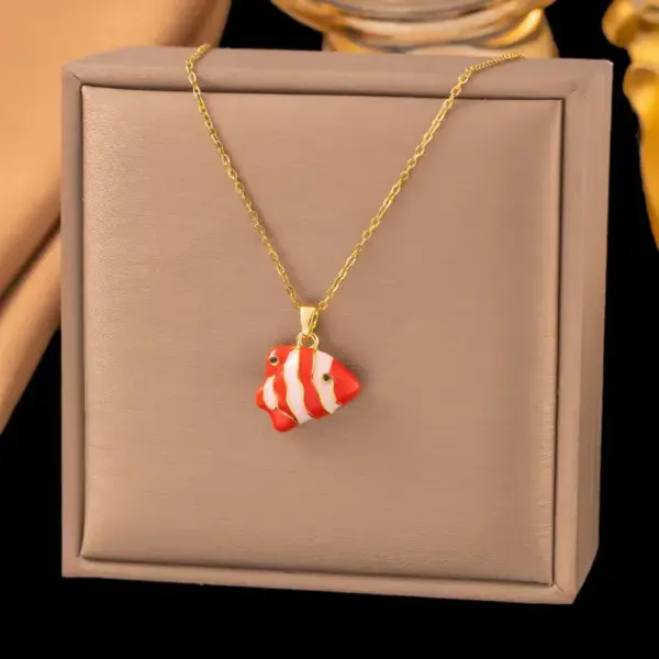 Wholesale Women’s Fish Pendant Necklace With Inlay Artificial Rhinestones, 18K Real Gold Plated Copper, Water Plating On Cable Chain