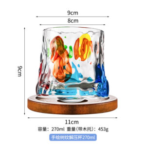 Contrast color tree pattern rotating whiskey glass with wooden holder