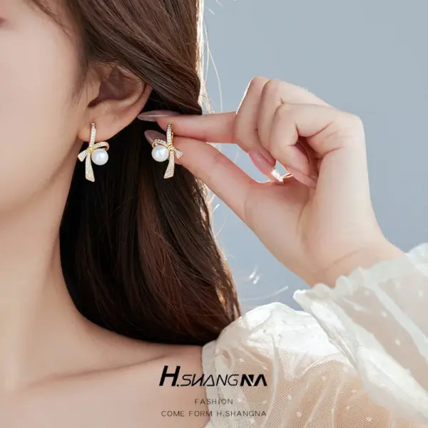 Wholesale Bow Tie Earrings For Women With Bezel Setting, Electroplated Copper And Zircon Inlay, Featuring 925 Sterling Silver Posts