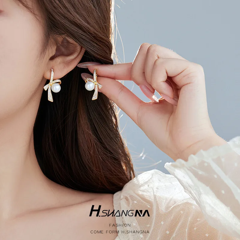 Wholesale Bow Tie Earrings For Women With Bezel Setting, Electroplated Copper And Zircon Inlay, Featuring 925 Sterling Silver Posts