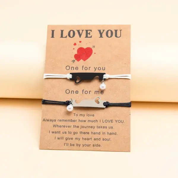 Wholesale Fashion Heart Shape Stainless Steel Knitting Hollow Out Inlay Pearl Couple Bracelets