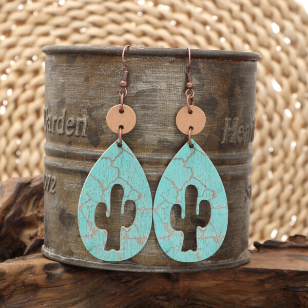 Wholesale Western Style Hollow Out Cactus Sheep Head Pattern Irregular Shape Wooden Earrings Women Earrings
