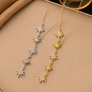 Wholesale Starburst Inlay Pendant Necklace For Women With Artificial Rhinestones In 18K Gold Plated Copper, Cable Chain