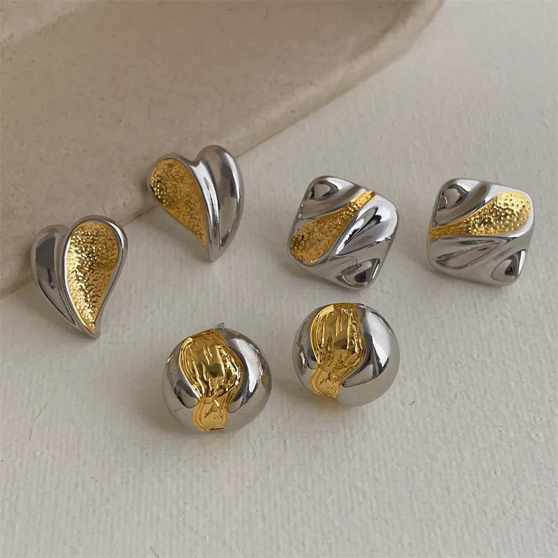 Wholesale 18K Gold Plated Color Block French Vintage Round Heart Square Earrings Women's Geometric Pattern Personality Copper Jewelry