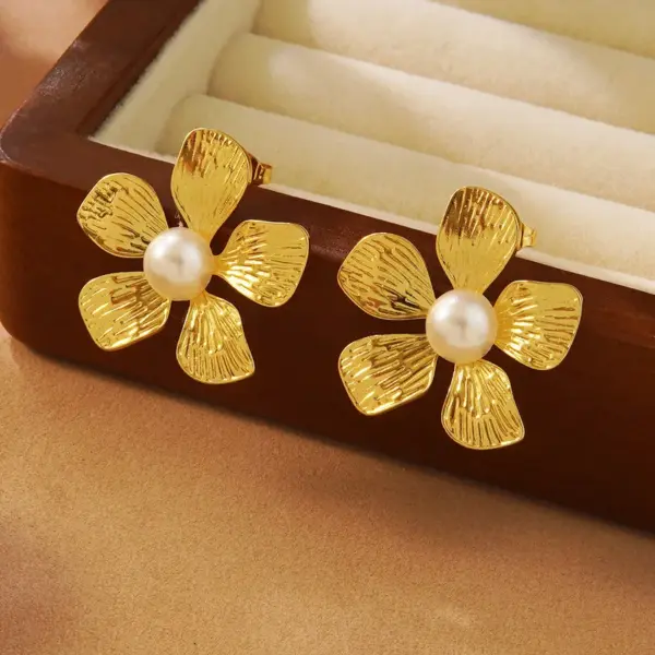 Wholesale 304 Stainless Steel Plastic Flower Electroplating Imitation Gold Sweet Ear Studs