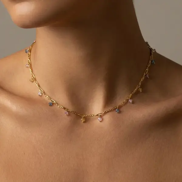 Wholesale French Line Wrapped Colorful Zircon Heart-Shaped Mixed Color 18K Gold Plated 304 Stainless Steel Vacuum Electroplated Necklace For Women Clavicle Chain Snake Chain