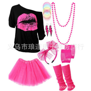 Wholesale 80s Neon Theme Prom Party Accessories Necklace Bow Lace Headband Lightning Earrings Mesh Dress Set