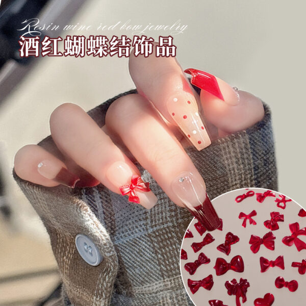 Wholesale Popular Bow Nail Art Jewelry Burgundy Resin Frosted Mini Stereo Streamer Butterfly Bow Tie Nail Decoration